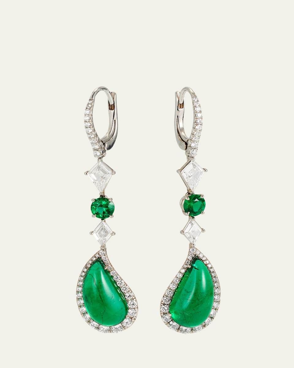 Platinum Drop Earrings Paisley Cabochon Zambian Emerald 7.75 ct. Kite/Pave Diamond 1.65 ct. Matched Emerald .59 ct.